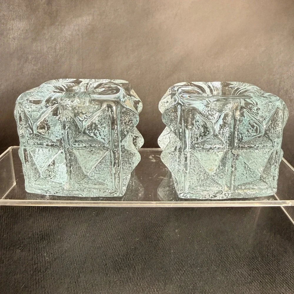Blenko 802S Crystal Ice Glass Taper Candle Holders Pair 1980 MCM‎